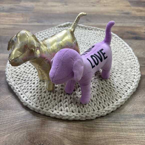 Victoria's Secret PINK Gold & Purple Plush Dogs 8” Set of 2 - Picture 1 of 4
